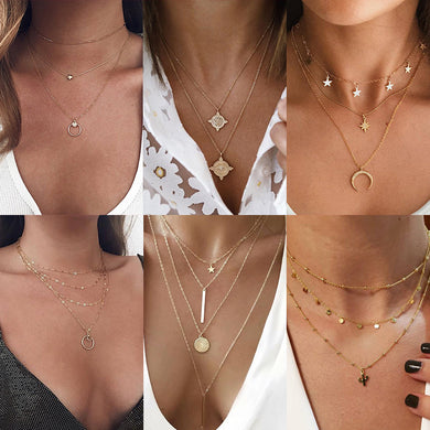IF ME Vintage Multiple Layered Necklaces For Women Gold Metal Long Chain Coin Crescent Moon Star Choker Pendant Necklace Jewelry