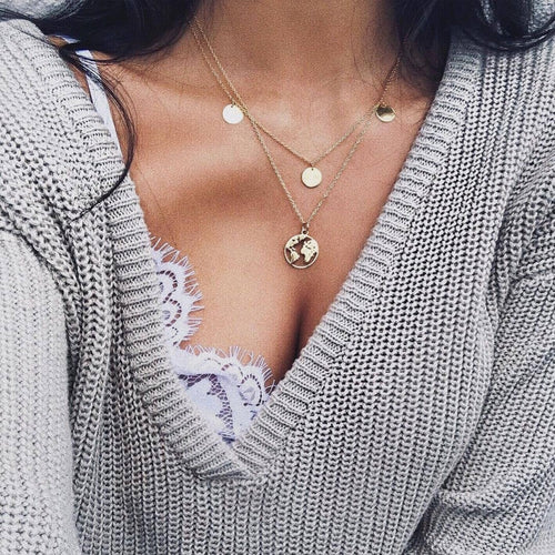 Fashion Gold Color Globe Earth World Map Pendant Necklace Simple Layered Necklace Wanderlust Travel Necklaces Jewelry